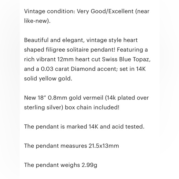 14K Gold Swiss Blue Topaz Heart Pendant: Diamond Accent Filigree - Picture 12 of 12